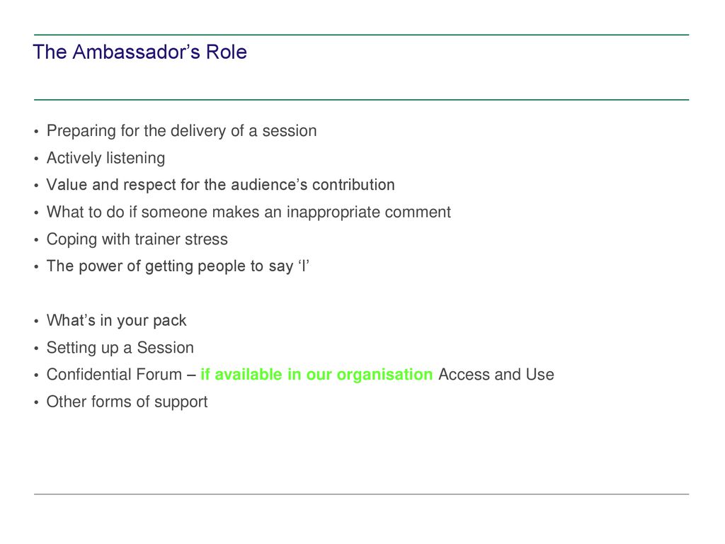 The Ambassador’s Role Preparing for the delivery of a session
