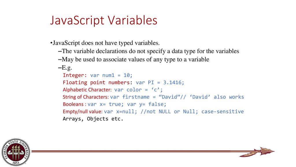 JavaScript Variables JavaScript does not have typed variables.