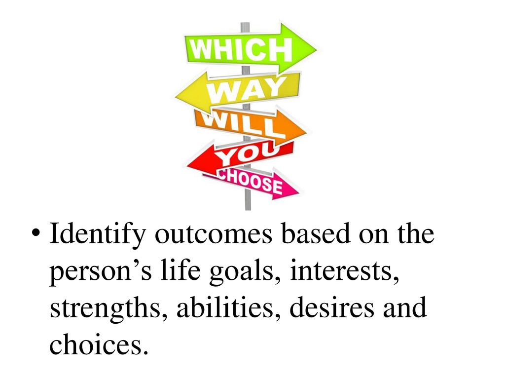 Identify outcomes based on the person’s life goals, interests, strengths, abilities, desires and choices.