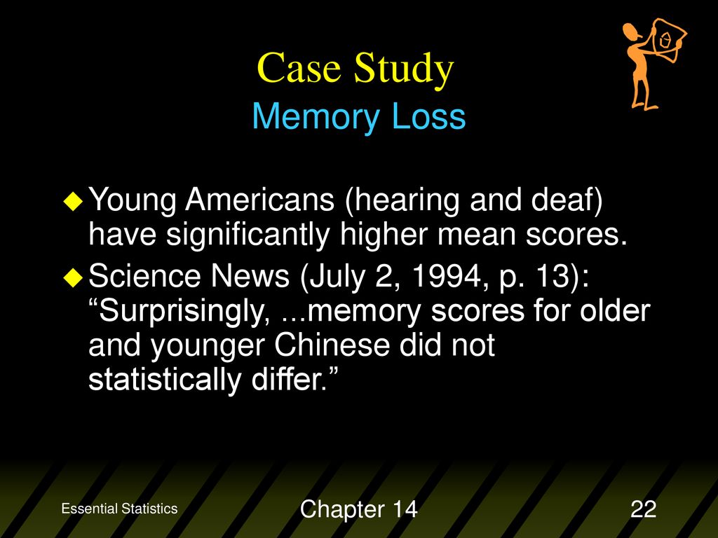 Essential Statistics Case Study. Memory Loss. Young Americans (hearing and deaf) have significantly higher mean scores.