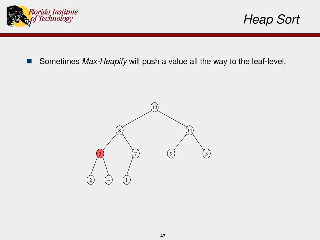 Heap Sort Sometimes Max-Heapify will push a value all the way to the leaf-level