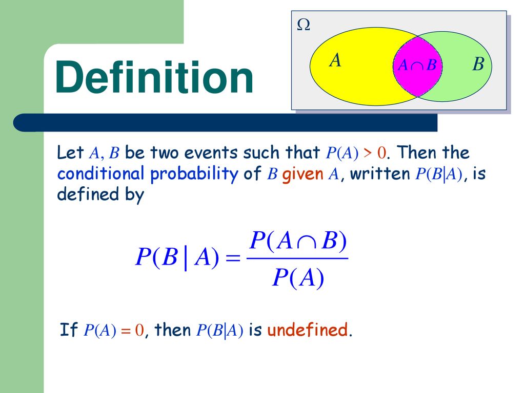  A. B. Definition. Let A, B be two events such that P(A) > 0. Then the conditional probability of B given A, written P(B|A), is defined by.