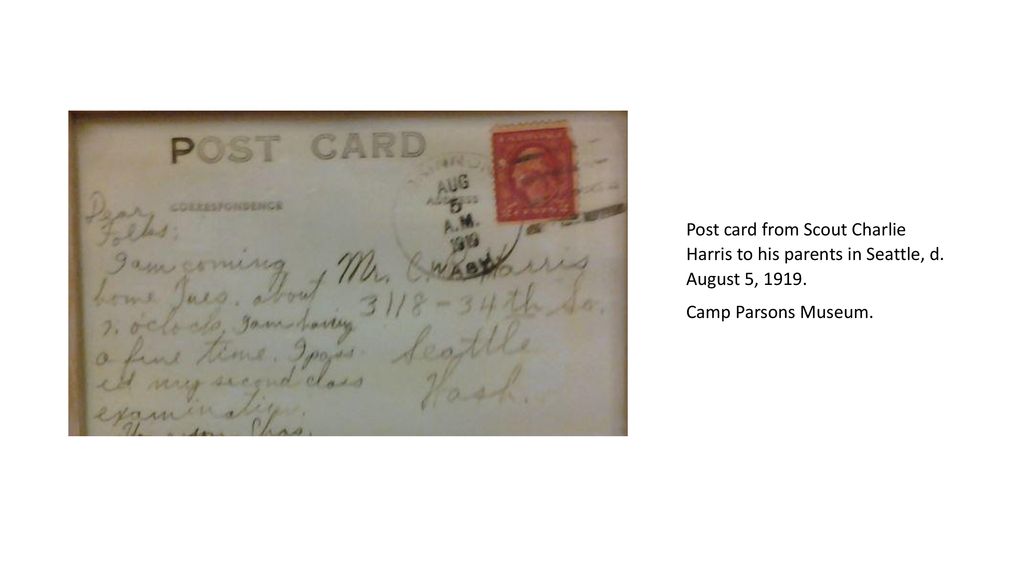 Post card from Scout Charlie Harris to his parents in Seattle, d