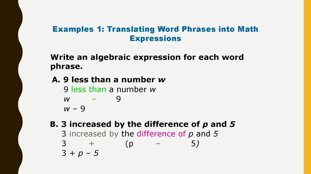 Learn To Translate Between Algebraic Expressions And Word Phrases Ppt Download