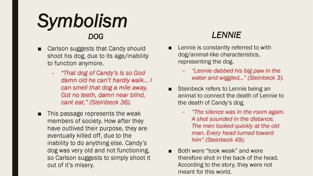 what does lennie killing the puppy symbolize