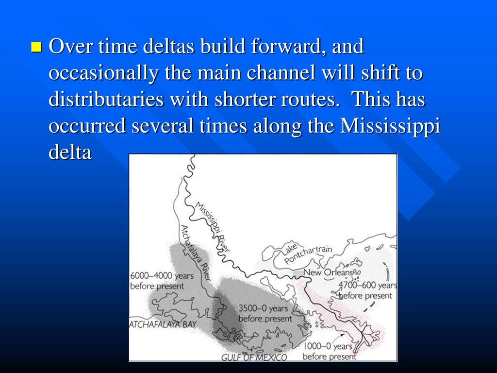 Over time deltas build forward, and occasionally the main channel will shift to distributaries with shorter routes.