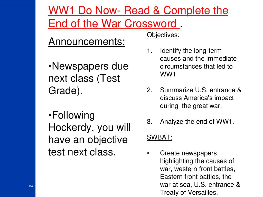 World War One Announcement : 60 minutes Wednesday ppt download