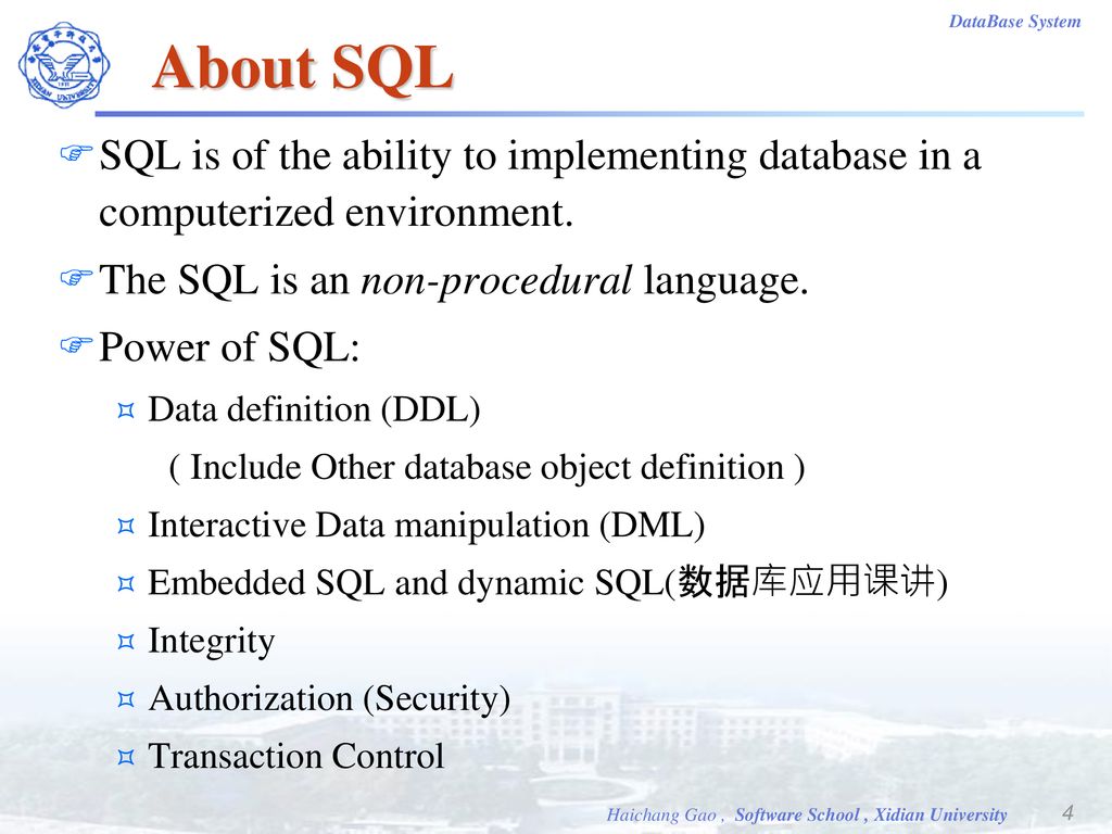 About SQL SQL is of the ability to implementing database in a computerized environment. The SQL is an non-procedural language.