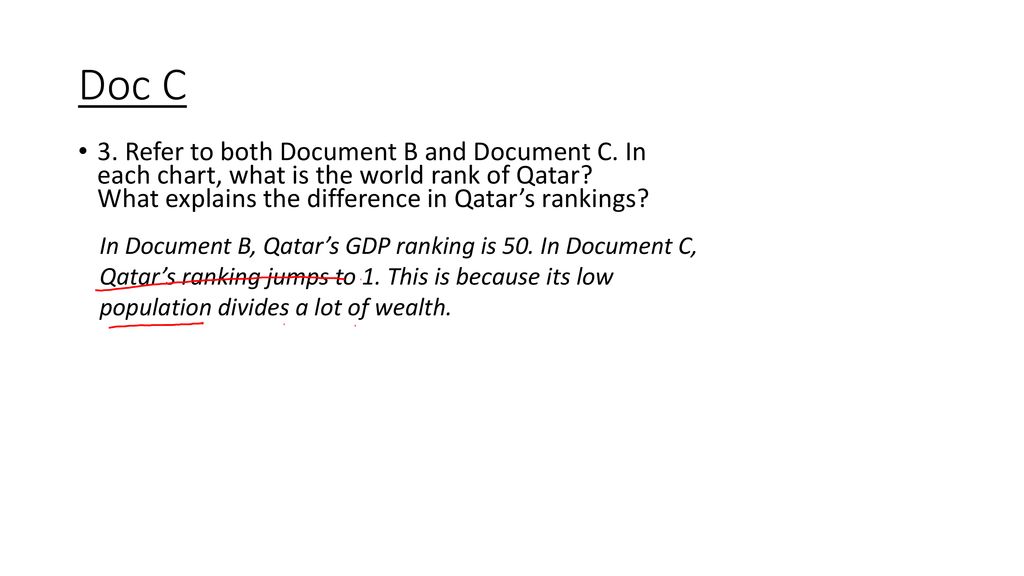 Doc C 3. Refer to both Document B and Document C. In each chart, what is the world rank of Qatar What explains the difference in Qatar’s rankings