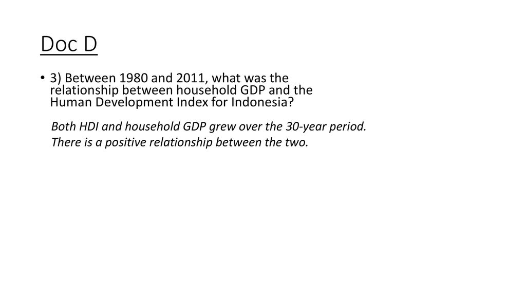 Doc D 3) Between 1980 and 2011, what was the relationship between household GDP and the Human Development Index for Indonesia