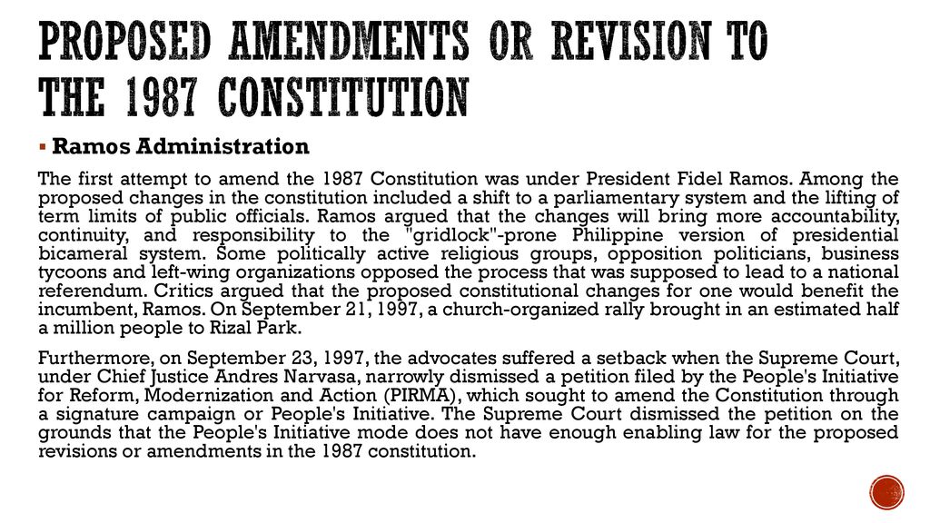 Proposed amendments or revision to the 1987 Constitution