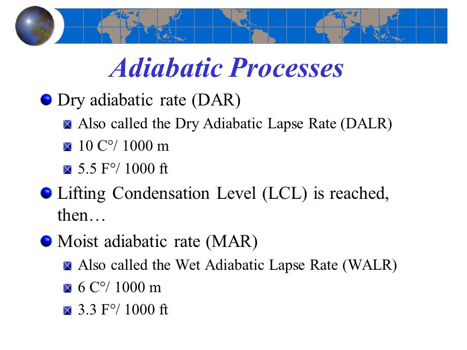 Adiabatic Processes Dry adiabatic rate (DAR)