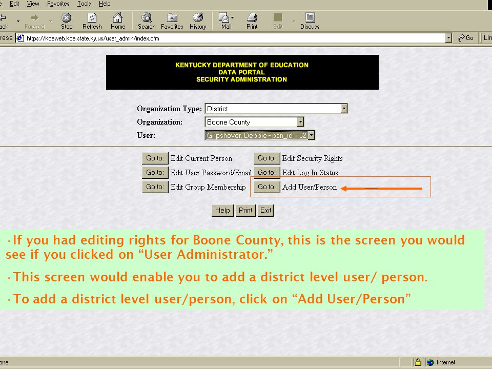 If you had editing rights for Boone County, this is the screen you would see if you clicked on User Administrator.