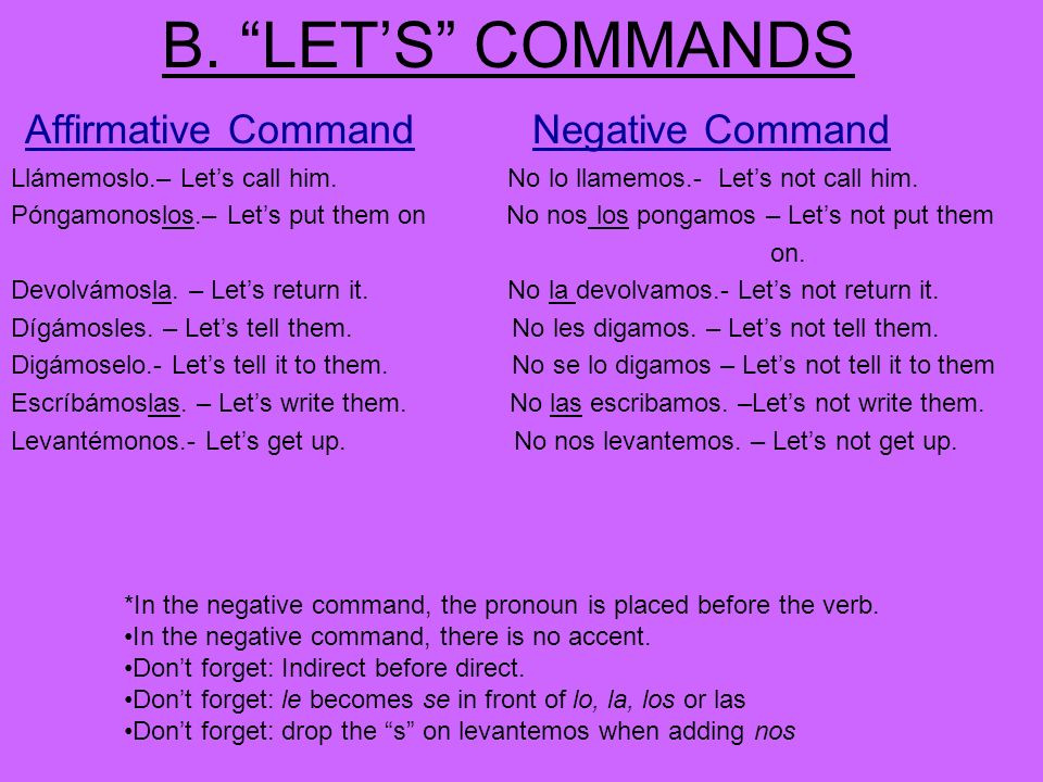 B. LET’S COMMANDS Affirmative Command Negative Command