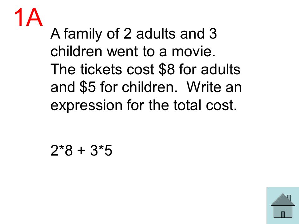 1A A family of 2 adults and 3 children went to a movie. The tickets cost $8 for adults and $5 for children. Write an expression for the total cost.