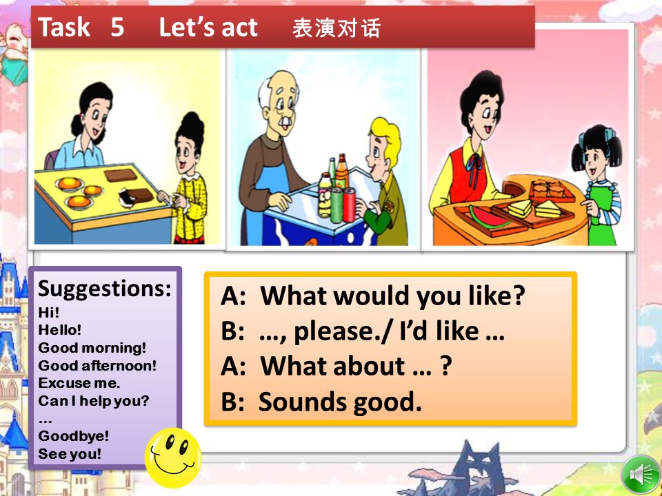 Task 5 Let’s act 表演对话 A: What would you like