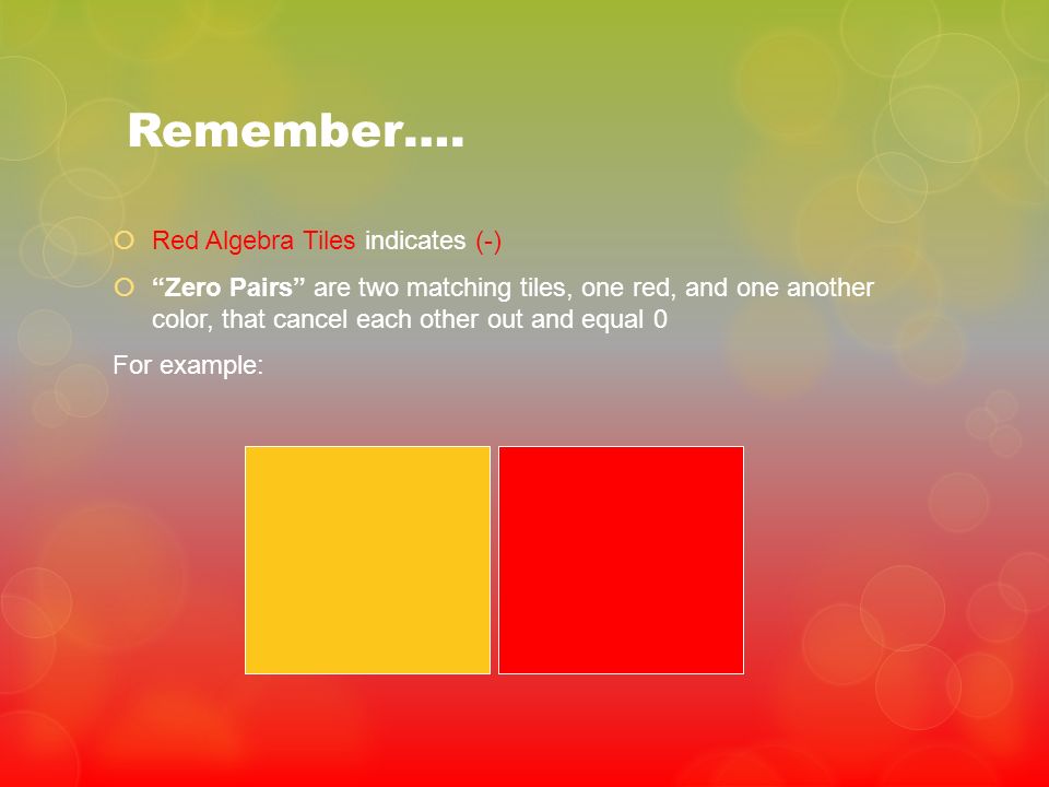 Remember…. Red Algebra Tiles indicates (-)