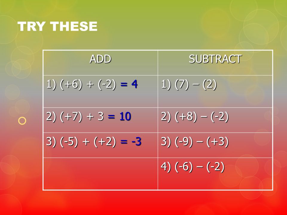 TRY THESE ADD SUBTRACT 1) (+6) + (-2) = 4 1) (7) – (2)