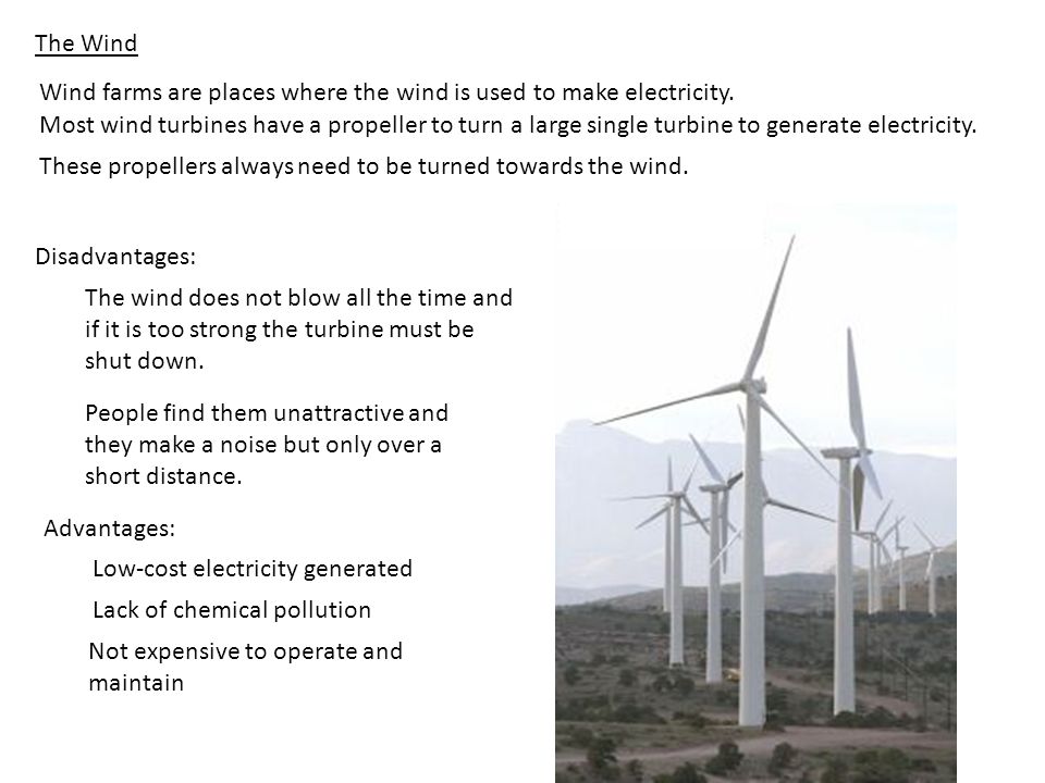 The Wind Wind farms are places where the wind is used to make electricity.