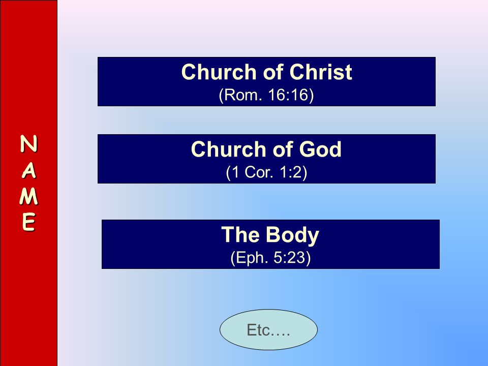 Church of Christ N A M E Church of God The Body (Rom. 16:16)