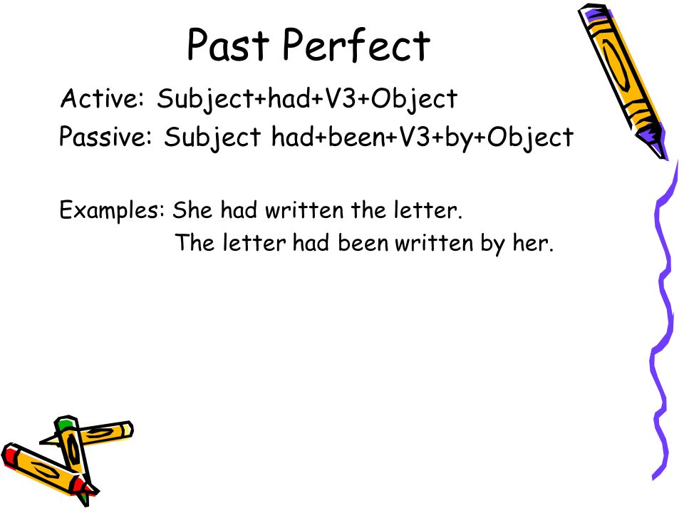 Past Perfect Active: Subject+had+V3+Object