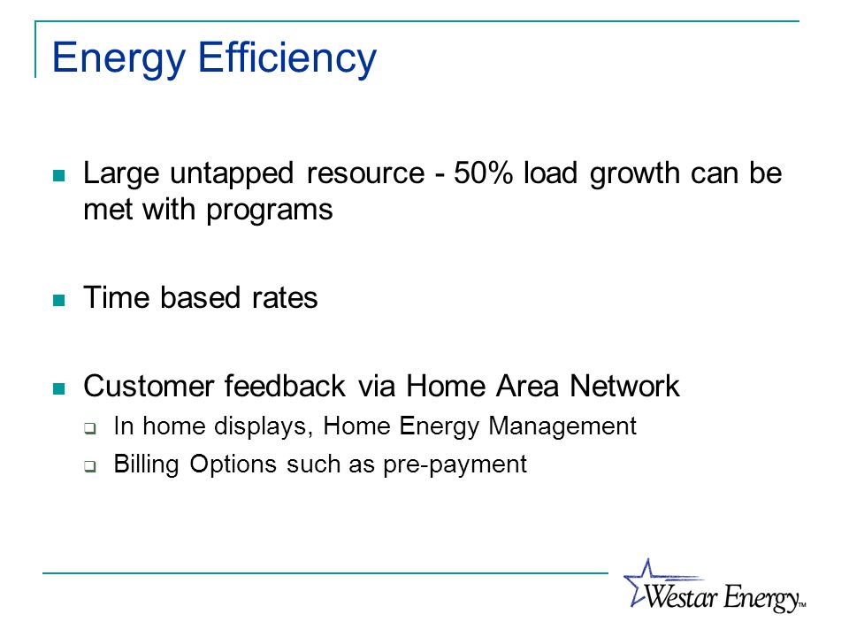 Energy Efficiency Large untapped resource - 50% load growth can be met with programs. Time based rates.