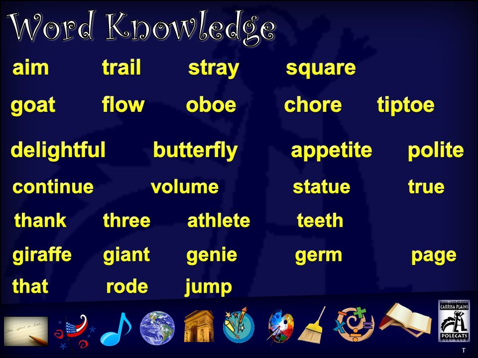 Word Knowledge Word Knowledge 2 aim trail stray square