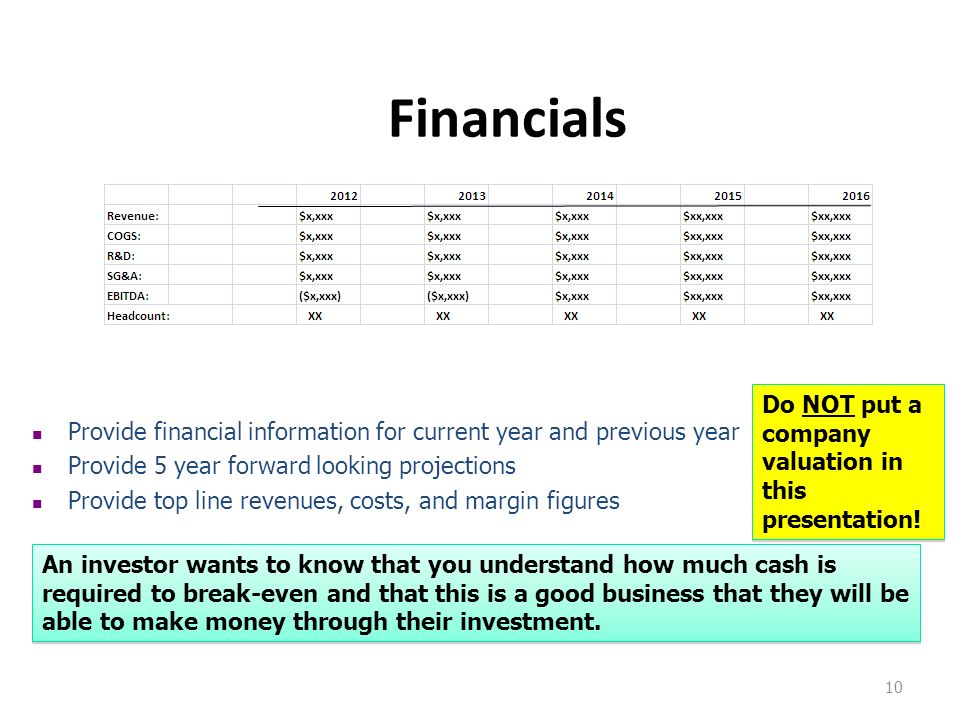 Financials Do NOT put a company valuation in this presentation!