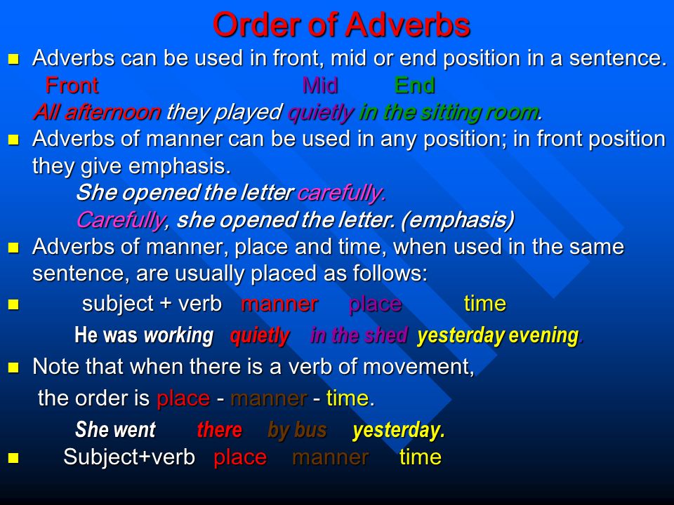 Order position. Order of adverbs. Word order adverbs. Adverbs order of adverbs. Adverbs правило.