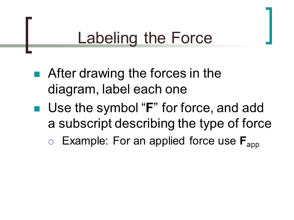 Labeling the Force After drawing the forces in the diagram, label each one.