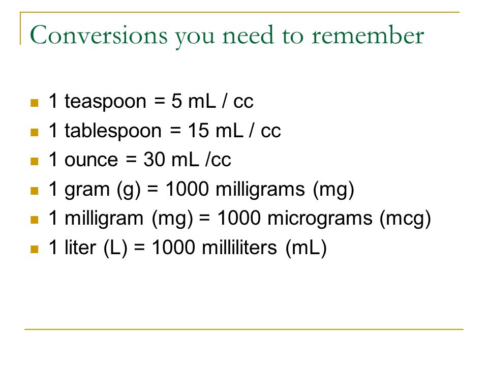 1 Teaspoon(5 mL, 5 cc