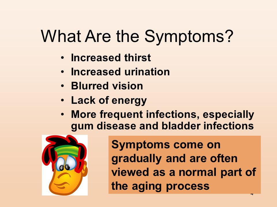 What Are the Symptoms Increased thirst. Increased urination. Blurred vision. Lack of energy.