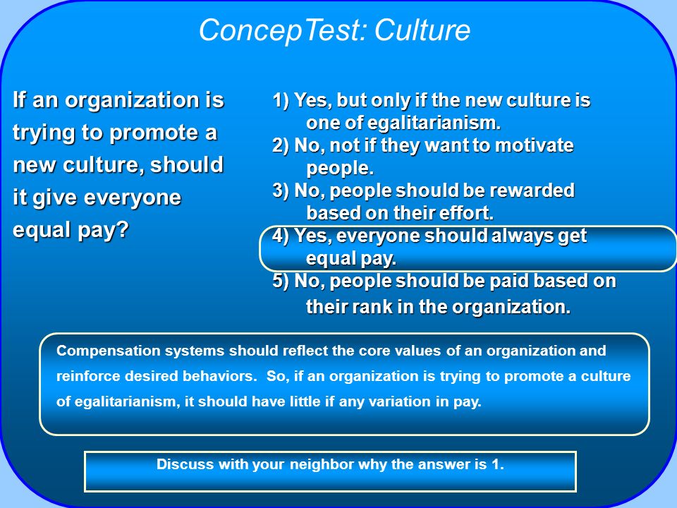 ConcepTest: Culture If an organization is trying to promote a new culture, should it give everyone equal pay