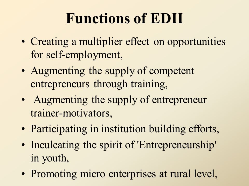 Functions of EDII Creating a multiplier effect on opportunities for self-employment,