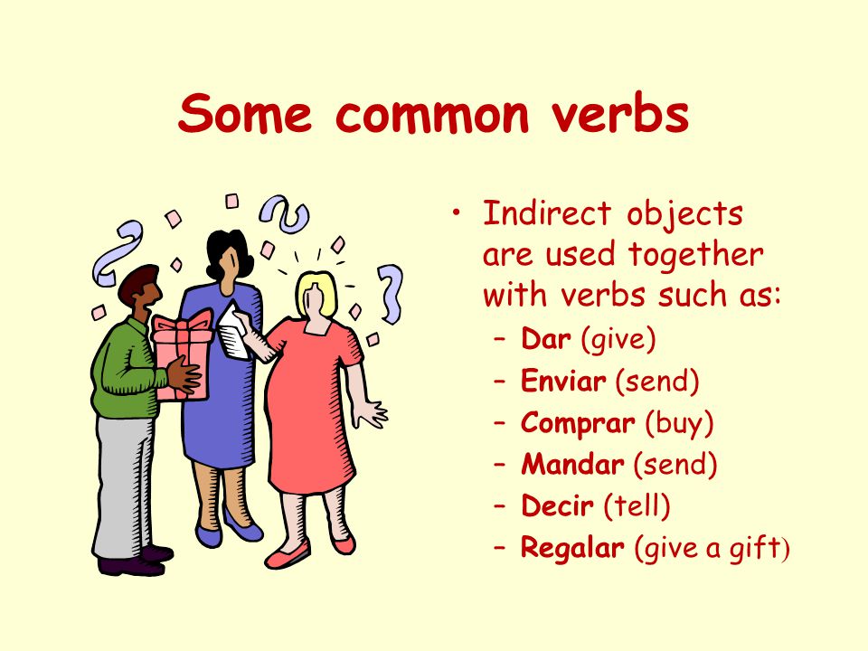 Some common verbs Indirect objects are used together with verbs such as: Dar (give) Enviar (send)