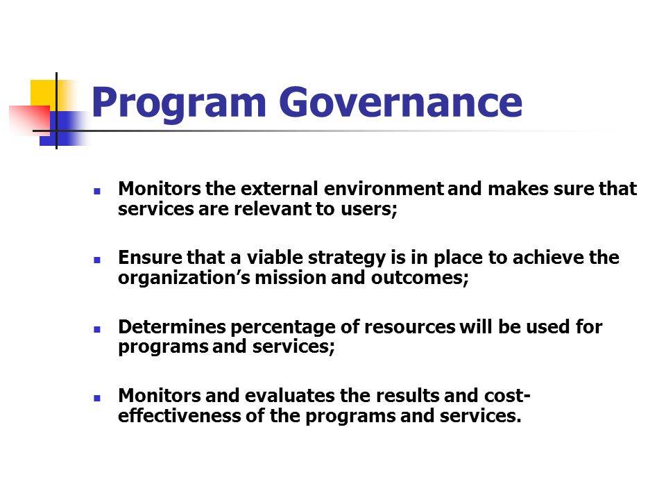 Program Governance Monitors the external environment and makes sure that services are relevant to users;