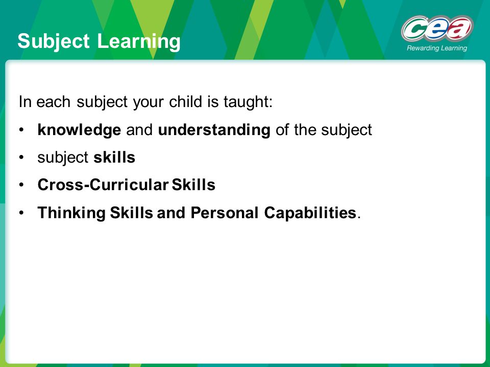 Subject Learning In each subject your child is taught: