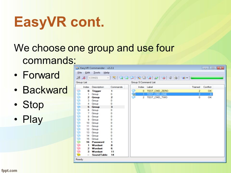 EasyVR cont. We choose one group and use four commands: Forward