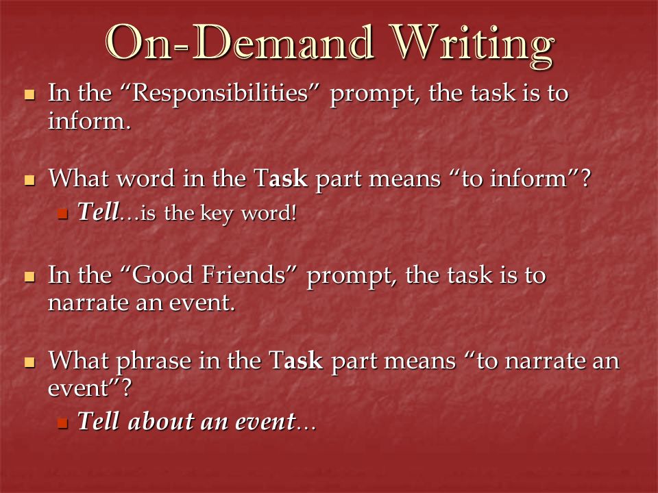 On-Demand Writing In the Responsibilities prompt, the task is to inform. What word in the Task part means to inform