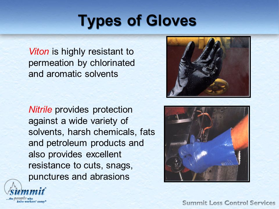 Types of Gloves Viton is highly resistant to permeation by chlorinated and aromatic solvents.