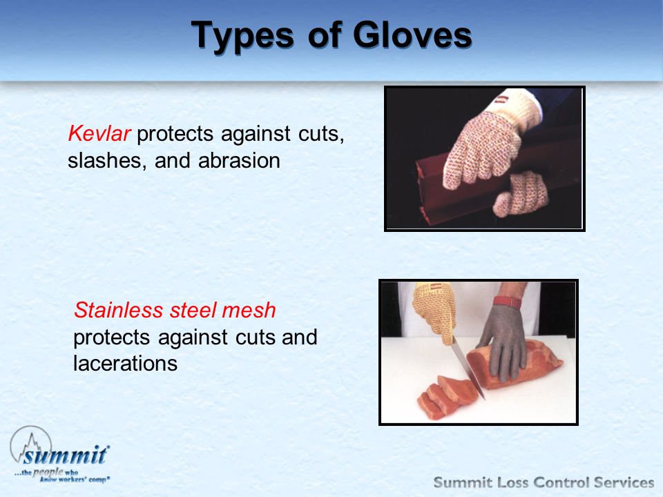 Types of Gloves Kevlar protects against cuts, slashes, and abrasion