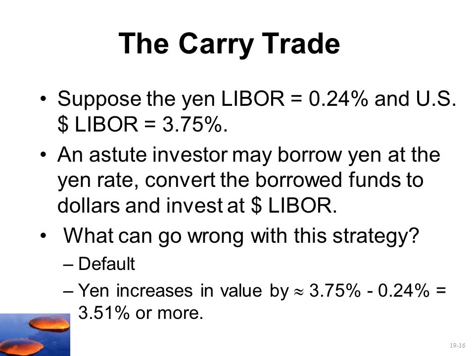 The Carry Trade Suppose the yen LIBOR = 0.24% and U.S. $ LIBOR = 3.75%.