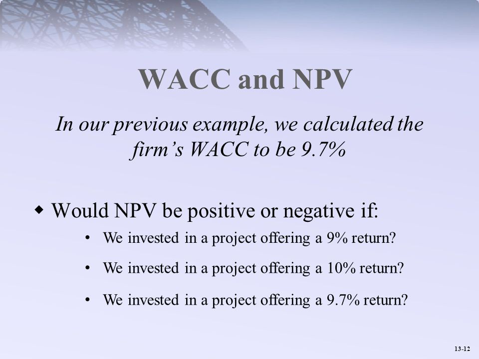 In our previous example, we calculated the firm’s WACC to be 9.7%