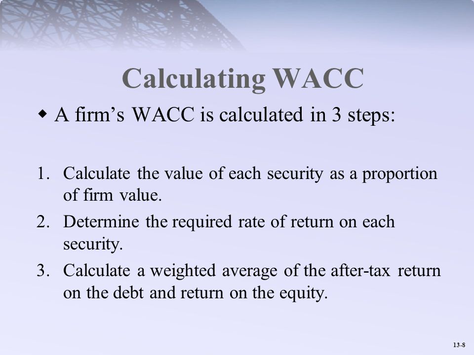 Calculating WACC A firm’s WACC is calculated in 3 steps: