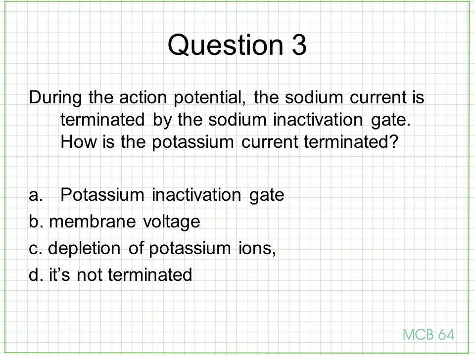 Question 3 During the action potential, the sodium current is terminated by the sodium inactivation gate. How is the potassium current terminated