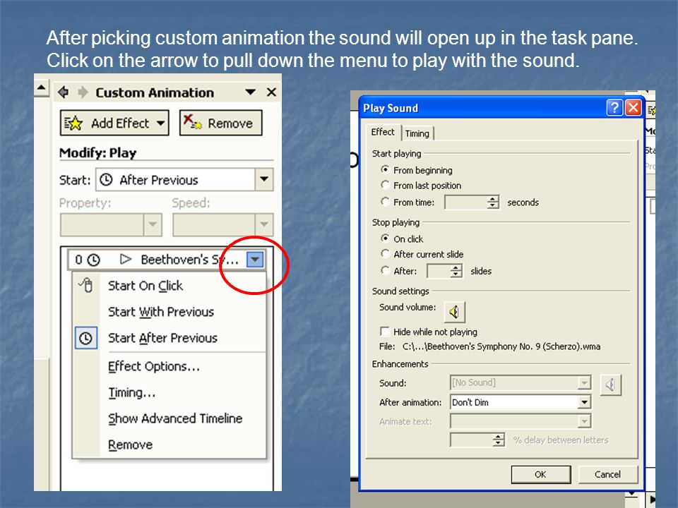 After picking custom animation the sound will open up in the task pane