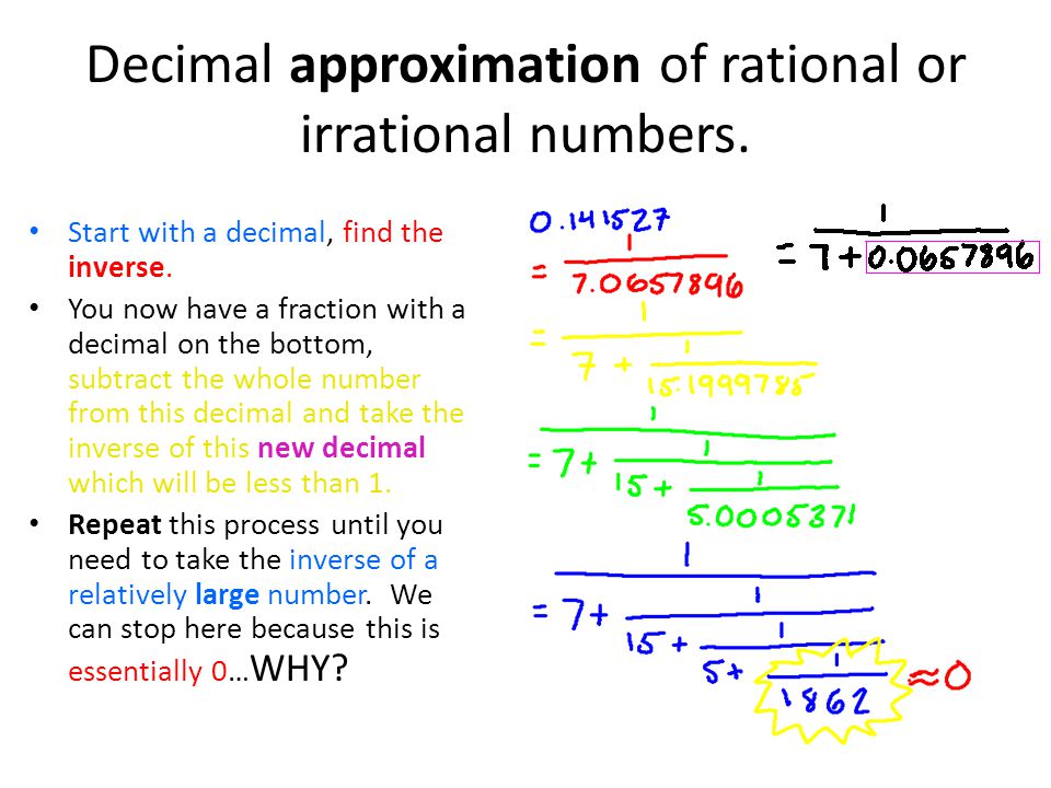 Decimal approximation of rational or irrational numbers.