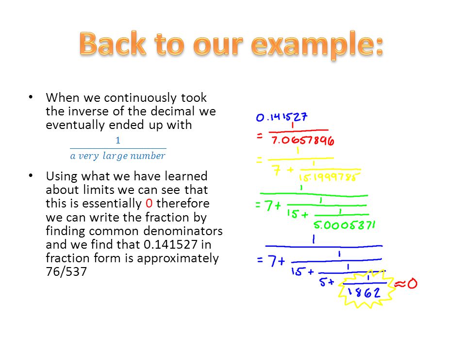 Back to our example: When we continuously took the inverse of the decimal we eventually ended up with.