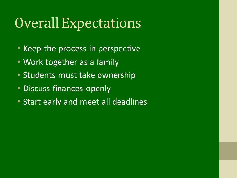 Overall Expectations Keep the process in perspective
