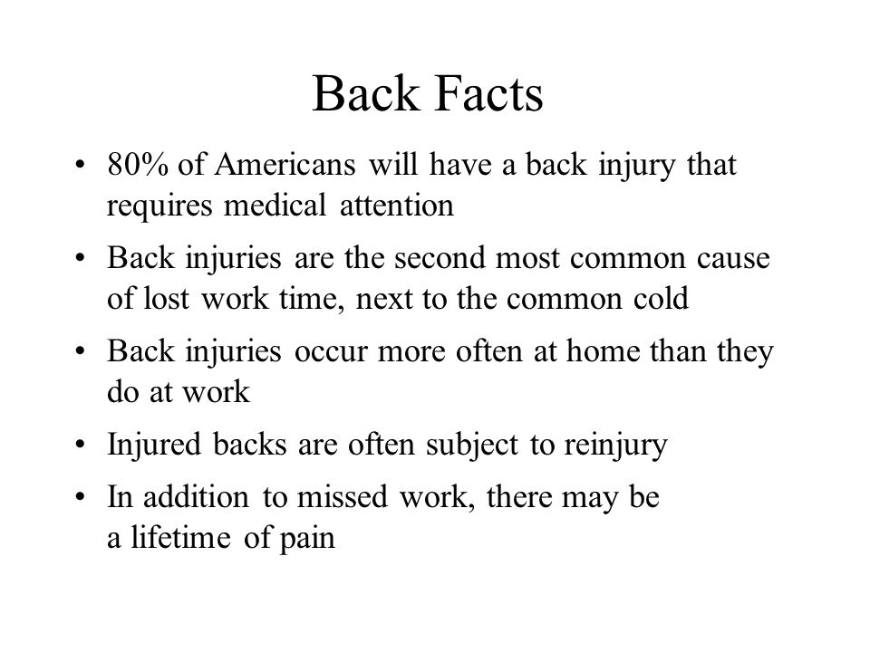 Back Facts 80% of Americans will have a back injury that requires medical attention.